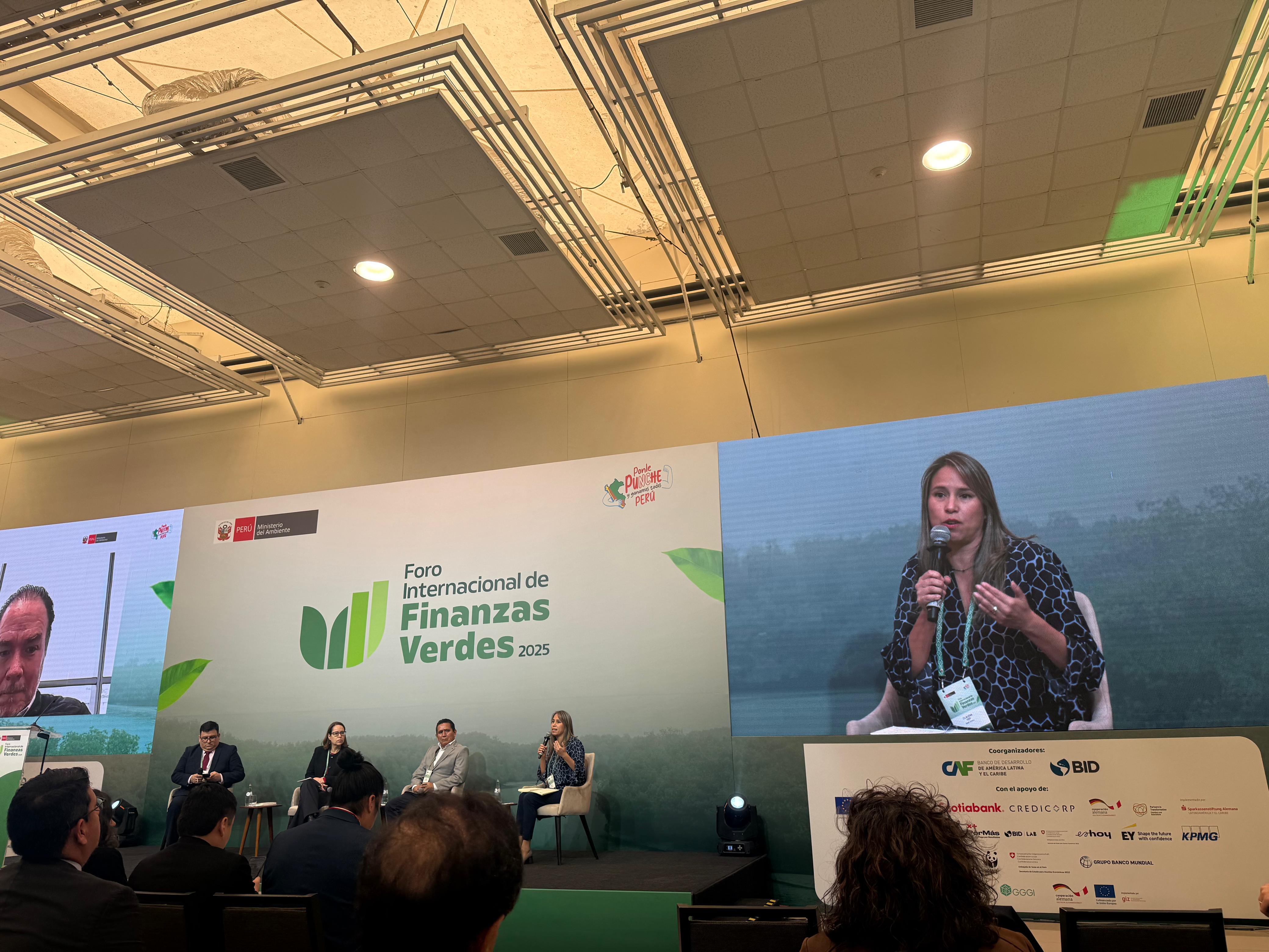 Claudia Yep, Gerenta de Finanzas para la Conservación en WWF Perú, durante el panel de finanzas sostenibles en el FIVERDE 2025.