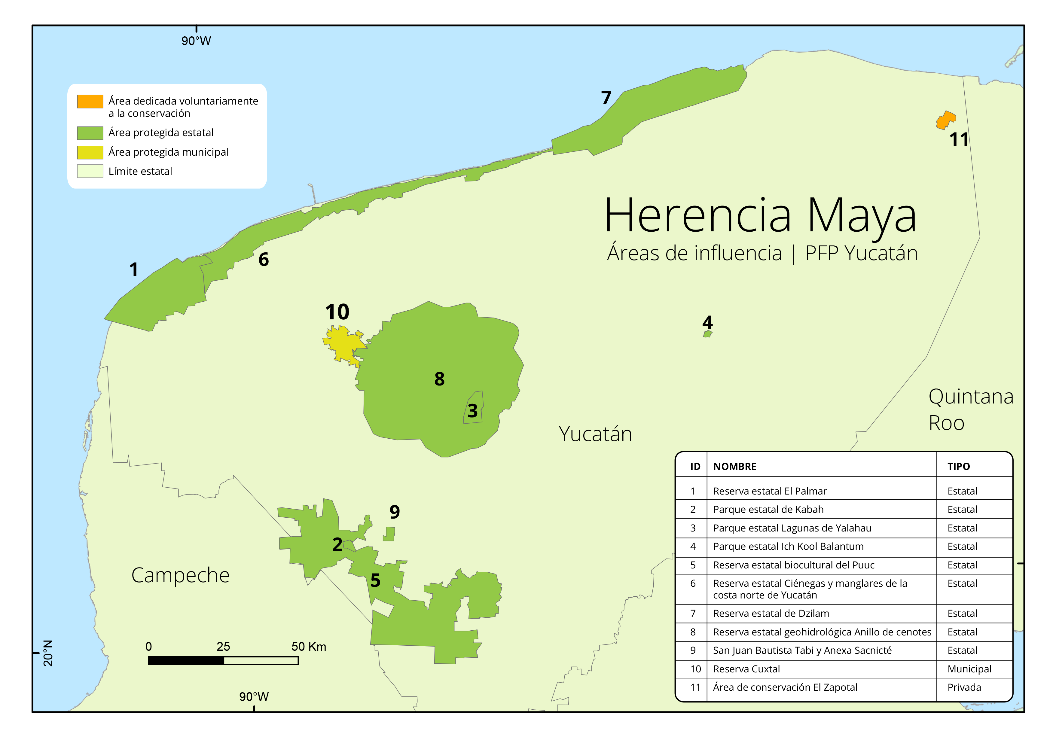 Mapa de los sitios de influencia de Herencia Maya